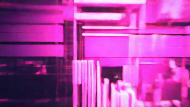 Abstract digital city scene glowing in neon pink and purple, representing technology, virtual reality, and data flowing through a complex circuit board or conceptual urban environment
