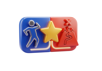 A 3D icon of a high performer icon with a challenge icon, representing a successful person and a completed challenge, with a star for a reached goal.
