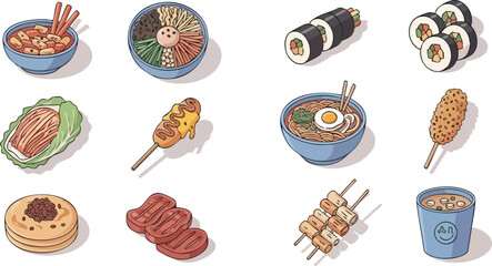 A vibrant collection of various Asian dishes and snacks showcasing a diverse culinary spread.