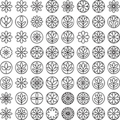 Black and white floral and leaf patterns in circular frames