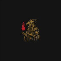 Vintage plague doctor holding a red flame torch in woodcut engraving style isolated on black background