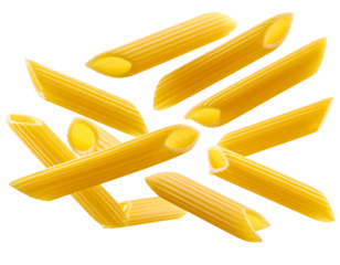 Close-Up Falling Penne Pasta Isolated Transparent Background.
