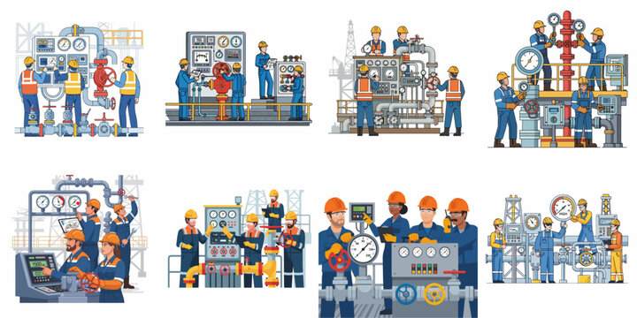 Industrial Workers Operating Pipeline Control Systems, Valves, and Gauges in Oil and Gas Production Facilities - Vector Illustration Set.
