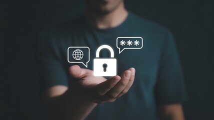 Hand displays digital icons of a lock, globe, and password entry, representing online security and data protection.