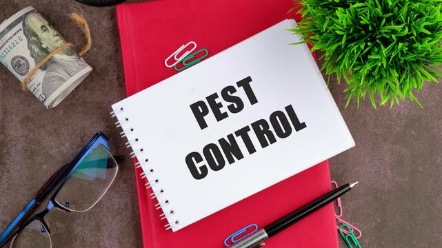 The concept phrase PEST CONTROL appears in the notebook on the red business book. Conceptual caption Pest Control