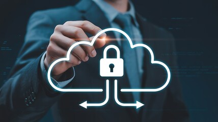 Businessman touches a glowing cloud icon with a lock, symbolizing secure cloud computing and data protection.