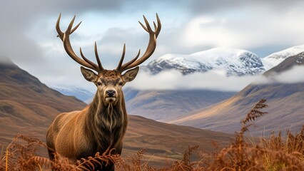 Majestic stag deer in a breathtaking mountainous landscape with rainbow