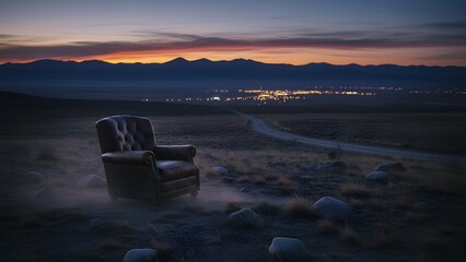 Serene Sunset Over Mountain Range with Empty Chair.