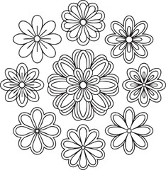 Black and white line of various flower patterns line flower patterns