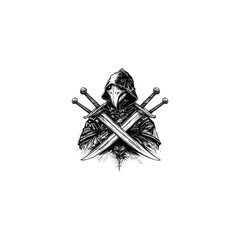 Plague doctor warrior with crossed swords in hand-drawn engraving style isolated on white background