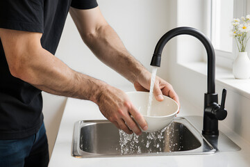 Man washing a white bowl under running water in a modern kitchen sink