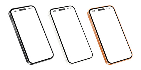 Smartphone mockup set with three color frames. Blank screens for UI design and product presentation.