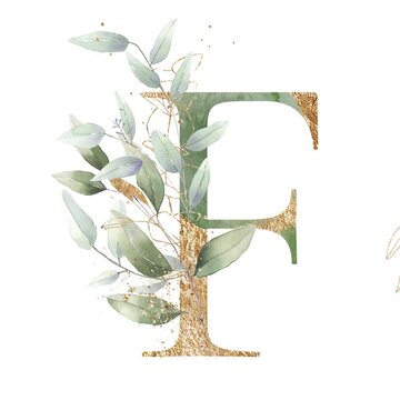 Letter F alphabet initial letter watercolor greenery foliage with line art delicate animation romantic illustrated alpha mask animation golden