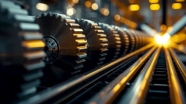 Rotating industrial gear assembly with linear rails illuminated by warm light in factory interior