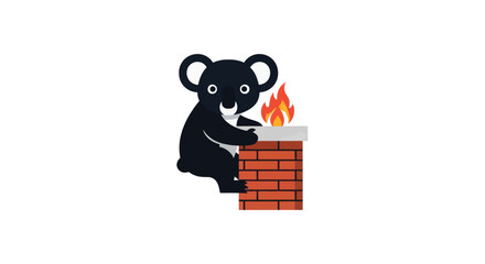 Cartoon koala clings to a brick chimney with flames