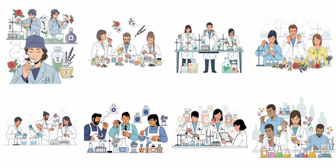 Collection of vector illustrations showing fragrance developers and cosmetic chemists working on perfume formulation, aroma analysis, and essential oil extraction in a laboratory.