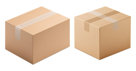 set of closed corrugated cardboard shipping boxes sealed with clear tape on a white background.