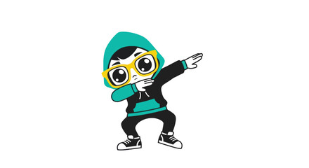 Cartoon kid in hoodie and glasses dabbing