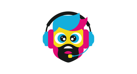 Colorful bearded cartoon head with headset, using vibrant cyan, magenta, yellow, and black tones