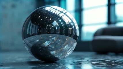 A highly reflective metallic sphere with a transparent lower half resting on a wet, glossy floor, reflecting an indoor environment.