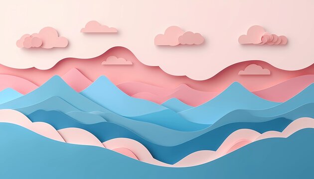 Dreamy 3D layered paper cut art landscape with mountains and clouds in pastel colors.