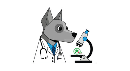 Dog doctor looks through a microscope