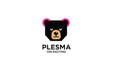 Geometric bear head logo in black with tan snout, pink ears on white