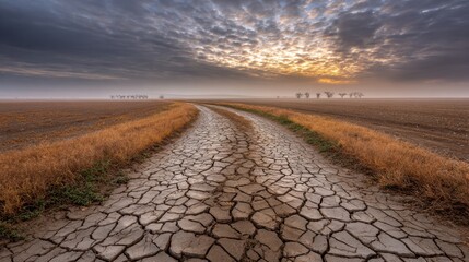 A dusty abandoned path winding through cracked soil in a landscape