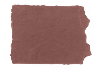 Blank torn piece of brownish red paper with rough edges and crumpled texture, old recycled message or note design isolated on transparent background