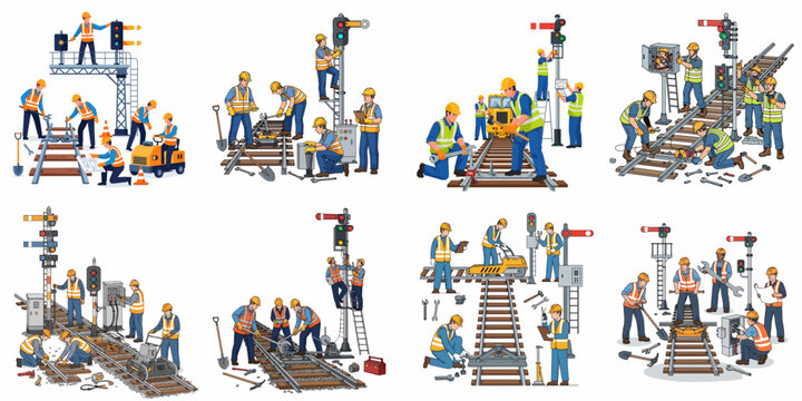 Railroad Maintenance Workers and Engineers Repairing Tracks and Signaling Systems Set, showing infrastructure construction and upkeep.
