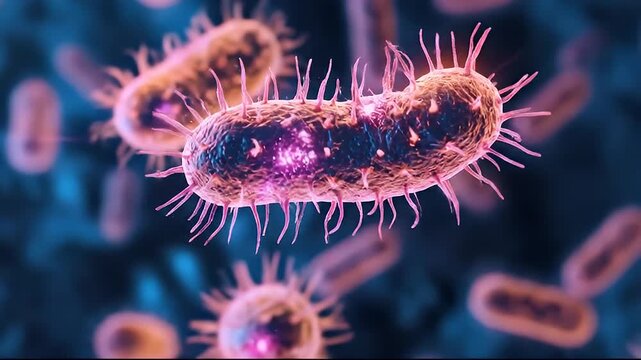 CloseUp Microscopic View Of A Rod Shaped Bacterium With Pink Hairs And Purple Glow Illuminated By Blue Light In Dark Background