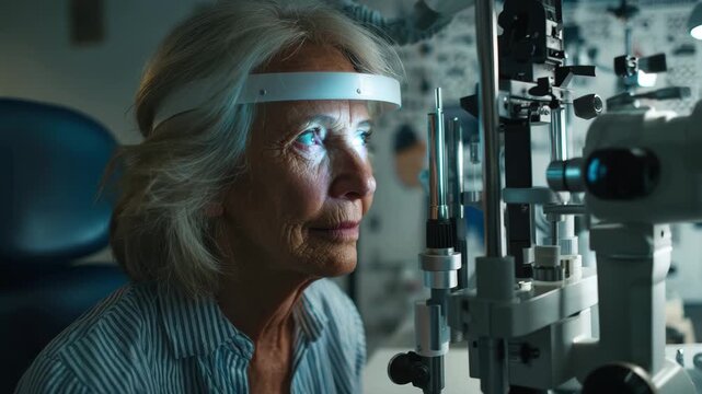 Elderly Woman Undergoing Eye Examination with Ophthalmic Machine senior ophthalmology