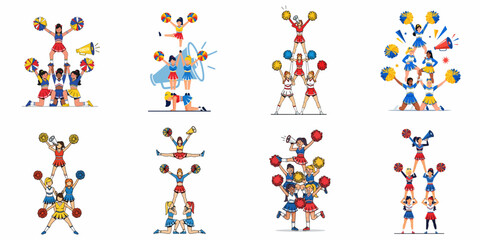 Energetic Cheerleader Squads Performing Pyramids and Stunts. A collection of diverse illustrations showing spirit, teamwork, and athletic performance.