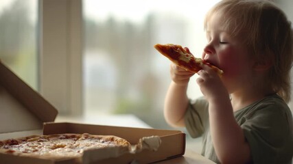 Young child reaching for a slice of pizza in a cardboard box by a window toddler eating - Powered by Adobe