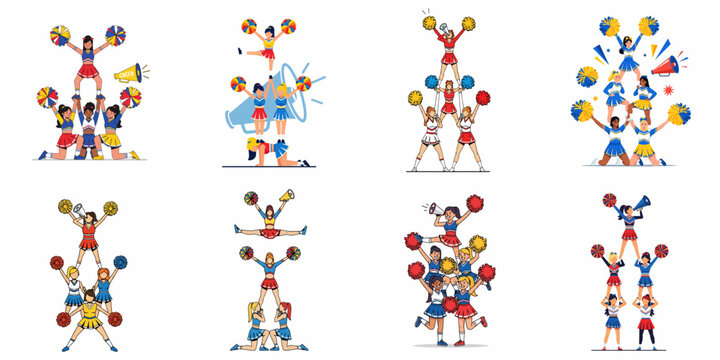 Energetic Cheerleader Squads Performing Pyramids and Stunts. A collection of diverse illustrations showing spirit, teamwork, and athletic performance.