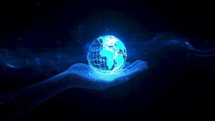 Glowing holographic earth globe resting above open human hand in dark background - Powered by Adobe