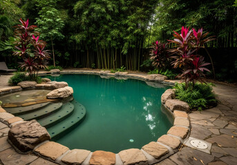 Private swimming pool with spa and natural stone patio surrounded by lush tropical plants and bamboo. Backyard oasis for relaxation and leisure.