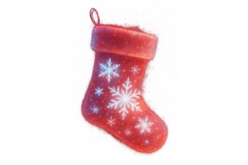 Red christmas stocking with glowing snowflakes and glitter, symbolizing holiday cheer and winter festive seasons