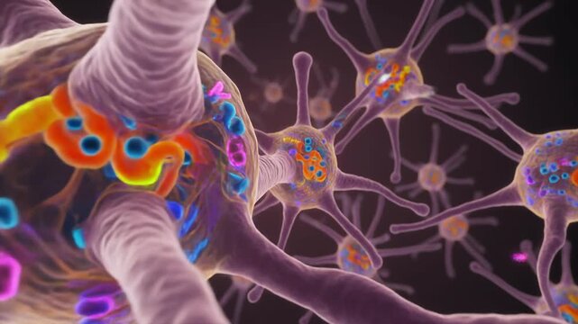 Microscopic view of palmitoylation signaling in interneurons, animated 3D rendering.