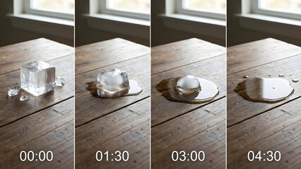 Progression of Ice Cube Melting on Wooden Surface.