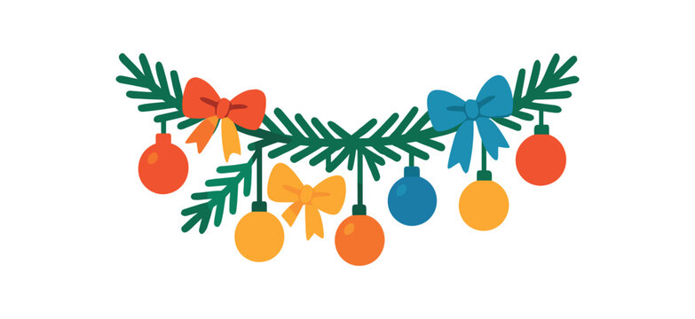 Flat vector illustration of colorful garland of pine branches with vivid ornaments and bows rounded shapes minimal details