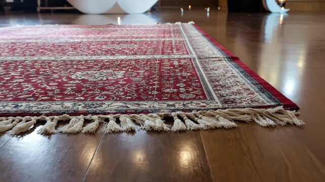 Close-up View Of A Red Oriental Rug With Beige Borders And Tassels On Wooden Flooring