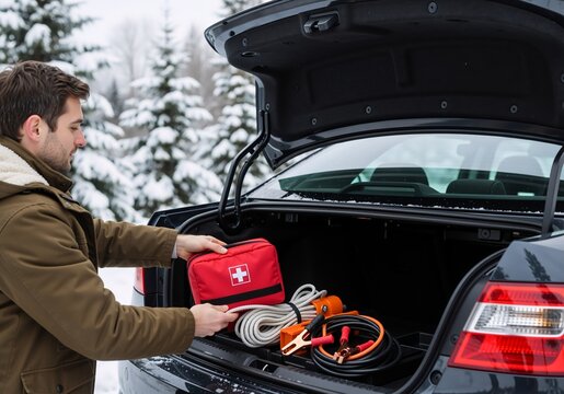 A person preparing for a winter road trip, getting ready for emergencies