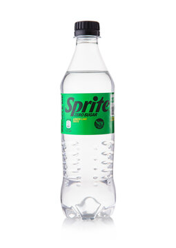 LONDON,UK - APRIL 10,2025: Bottle of Sprite Original lemon and lime soda soft drink with zero sugar on white background.