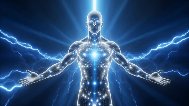 Digital Human Figure Illuminated by Bright Blue Lightning Bolts on Dark Backdrop