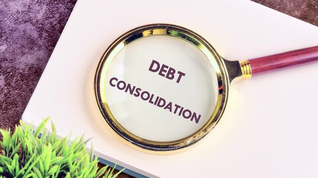 The conceptual phrase DEBT CONSOLIDATION through a magnifying glass in a notebook. Business concept