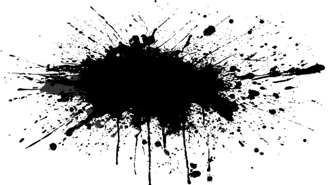 Dynamic black ink splatter or splash on white background. Abstract grunge texture graphic design element.