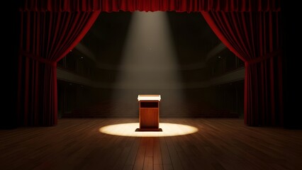 Empty Stage with Spotlight and Red Curtains.