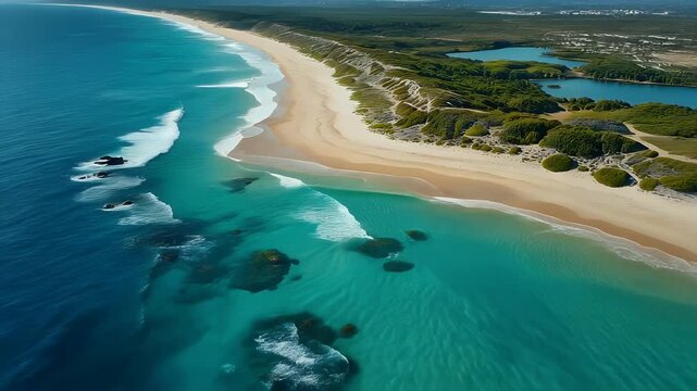 Aerial Sandy Beach Meeting Teal Ocean Water Forest Patches Sunny Day