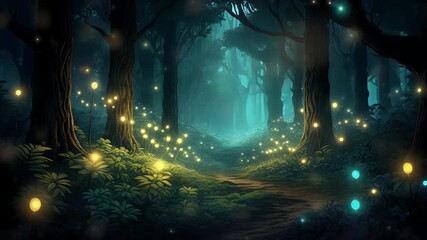 Enchanted Dark Forest Glowing Lights Amidst Tall Trees Pixel Art Style